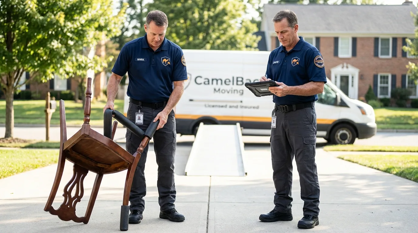 Movers inspecting furniture for damage prevention before loading in Winter Park, FL